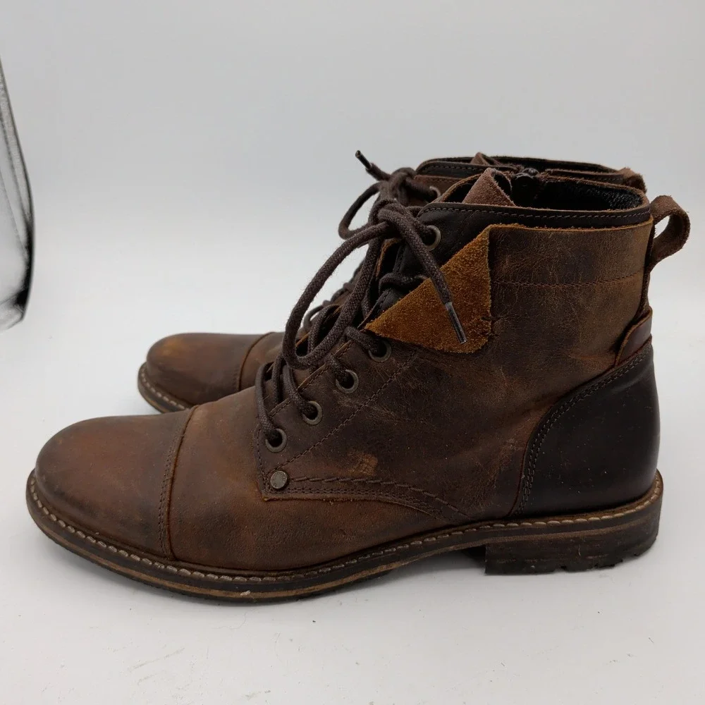 Bullboxer Kelden Brown Leather Cap Toe Combat Boots Mens 8 Side Zip Portugal